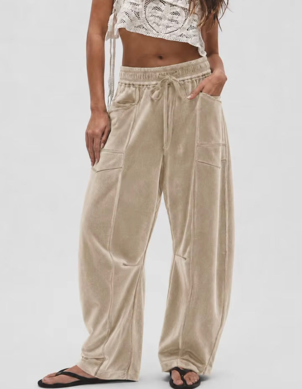 Women’s Velvet Wide-Leg Trousers – Drawstring Waist Casual Lounge Pants