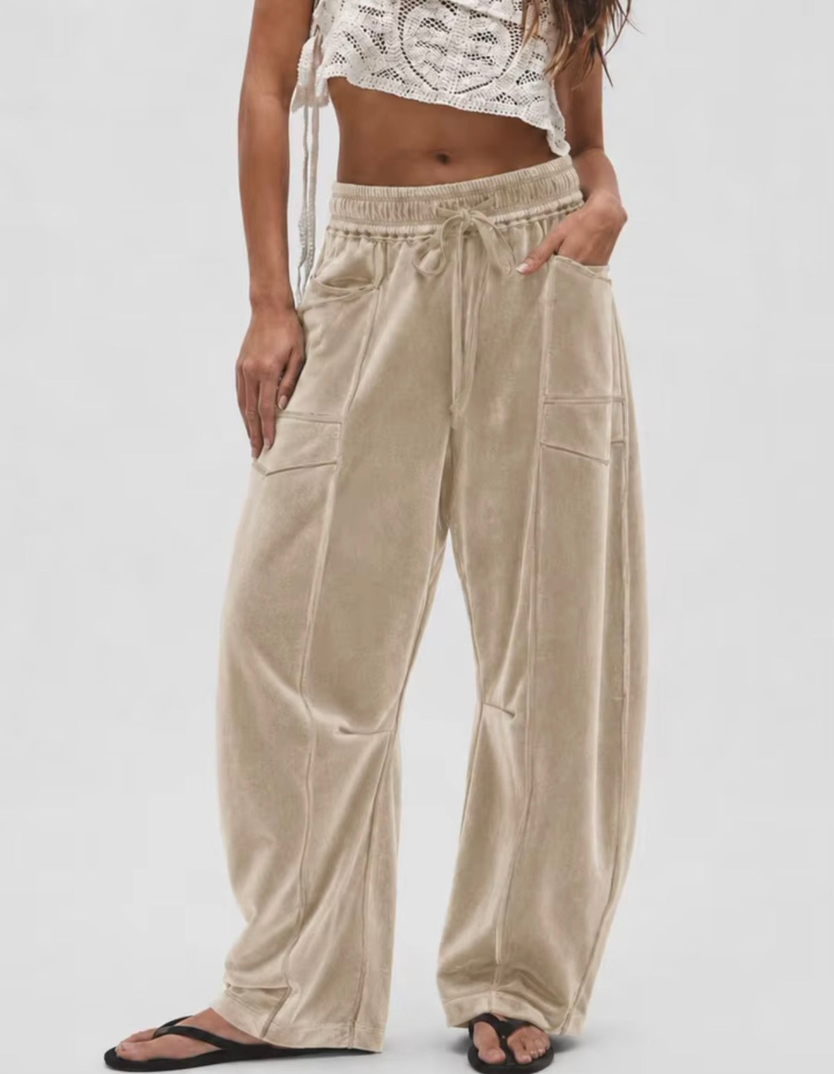 Women’s Velvet Wide-Leg Trousers – Drawstring Waist Casual Lounge Pants