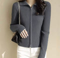 Autumn/Winter Ribbed Zip-Up Collared Knit Cardigan