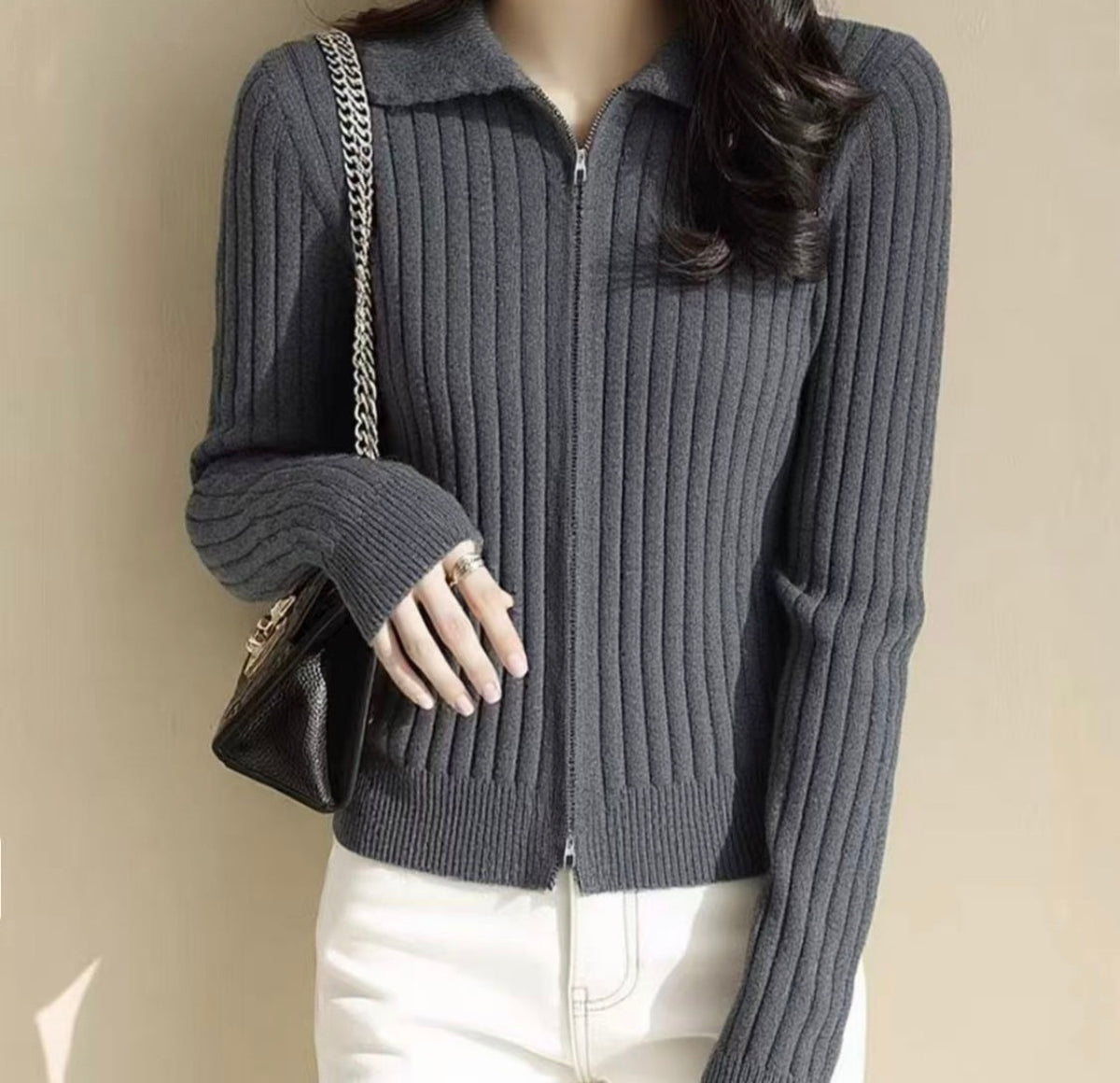 Autumn/Winter Ribbed Zip-Up Collared Knit Cardigan
