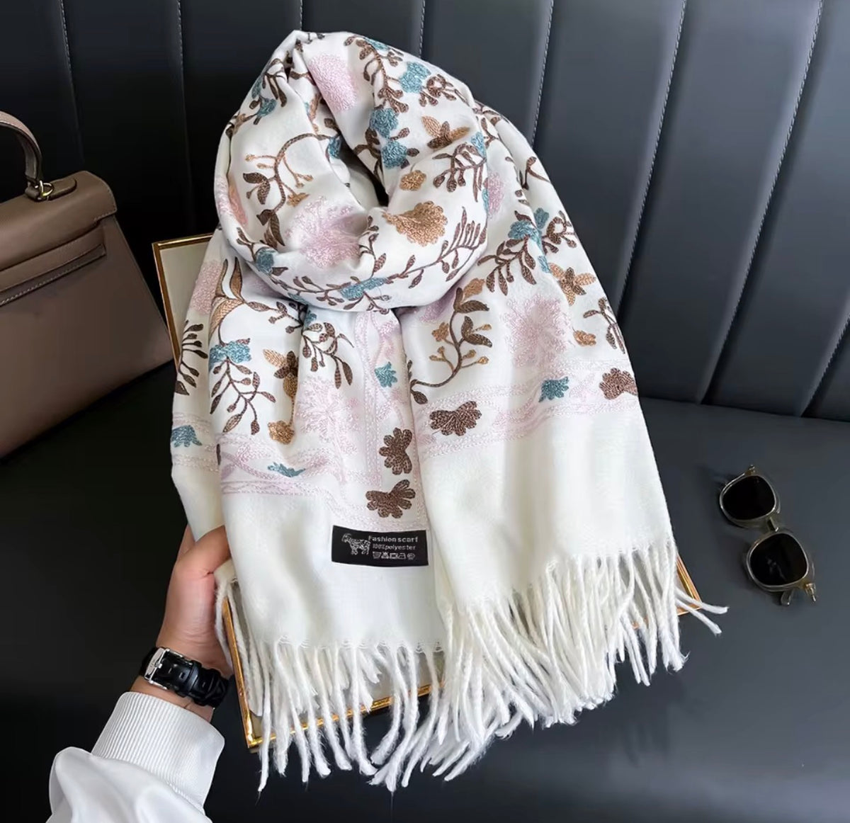 Women’s Winter Warm Embroidered Pashmina Scarf – Thick Soft Shawl Wrap with Tassels