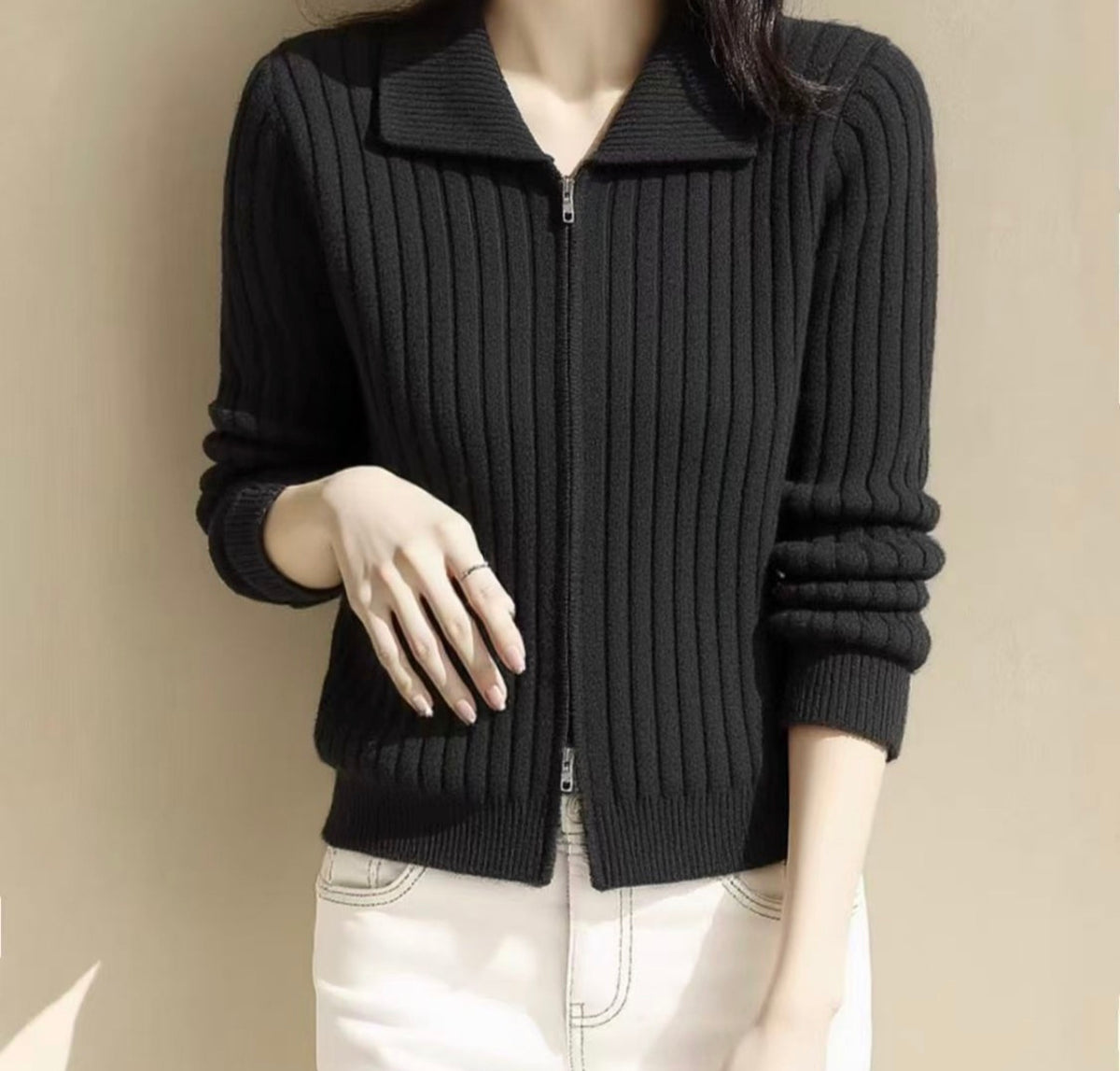 Autumn/Winter Ribbed Zip-Up Collared Knit Cardigan