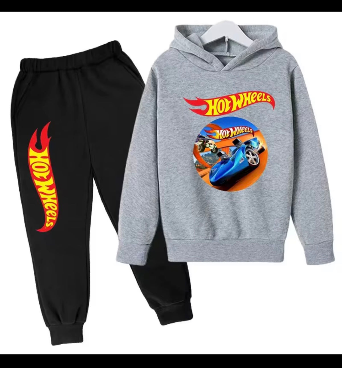 Kids’ Hot Wheels Printed Hoodie and Joggers Set – Black 2-Piece Tracksuit, Ages 3–12 Years