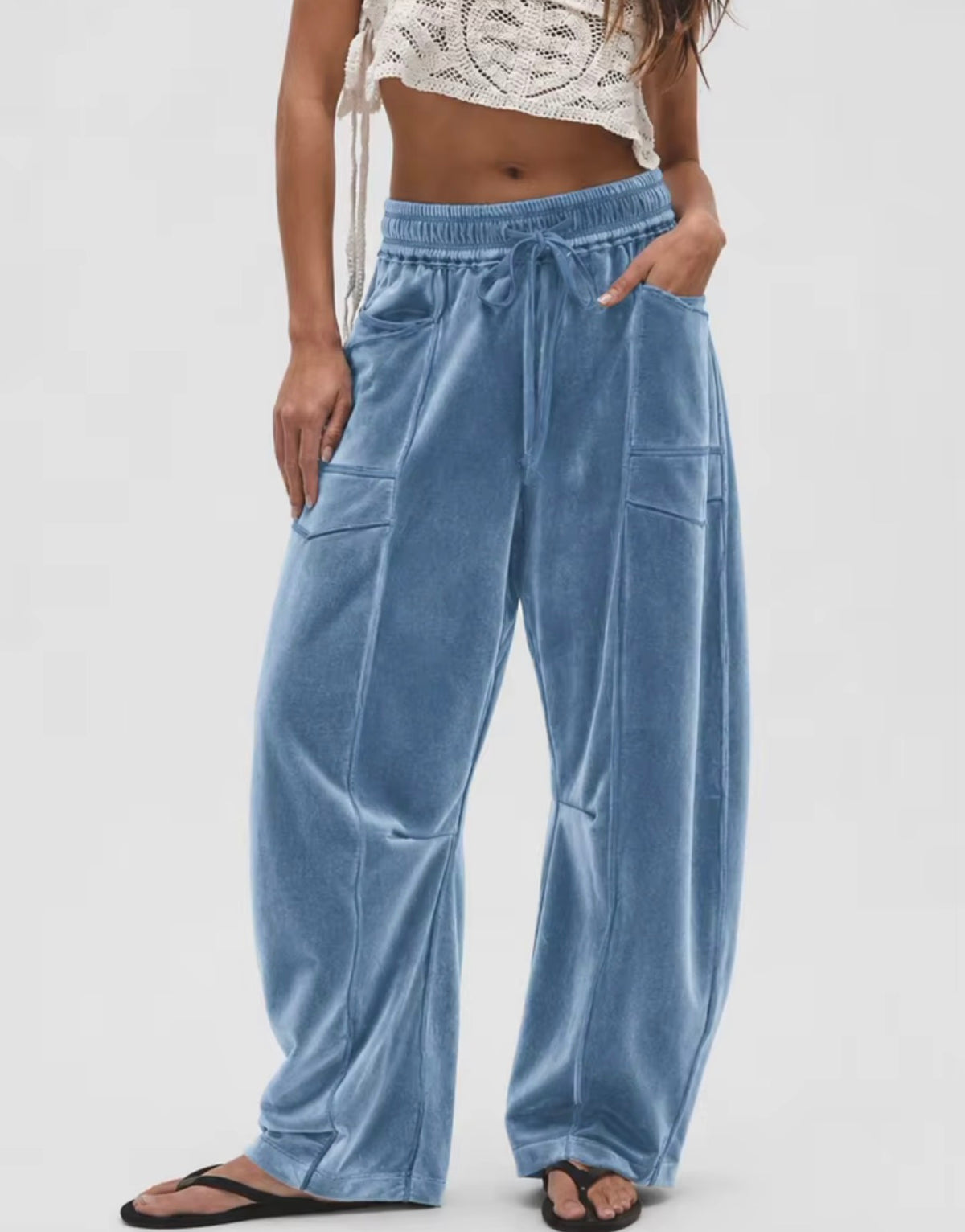 Women’s Velvet Wide-Leg Trousers – Drawstring Waist Casual Lounge Pants