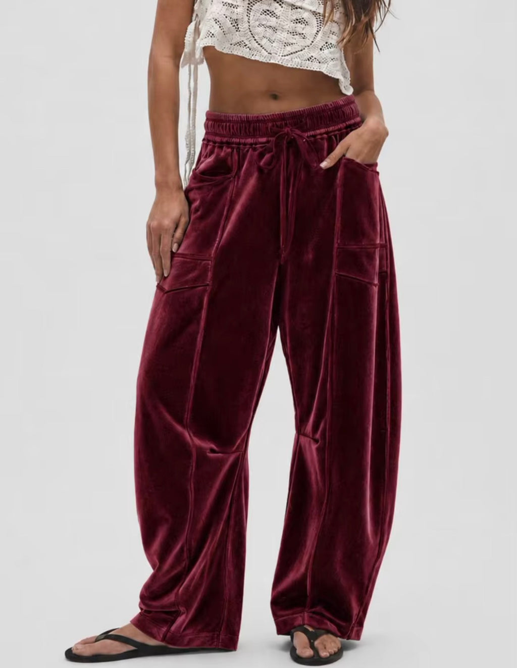 Women’s Velvet Wide-Leg Trousers – Drawstring Waist Casual Lounge Pants