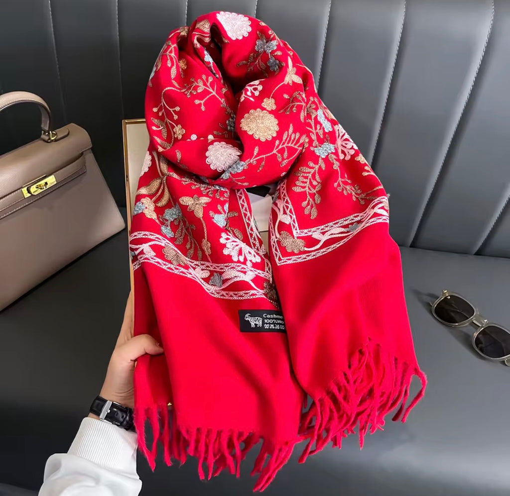 Women’s Winter Warm Embroidered Pashmina Scarf – Thick Soft Shawl Wrap with Tassels