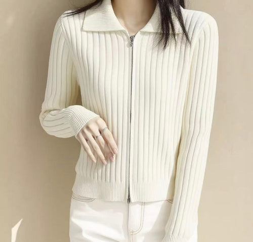 Autumn/Winter Ribbed Zip-Up Collared Knit Cardigan