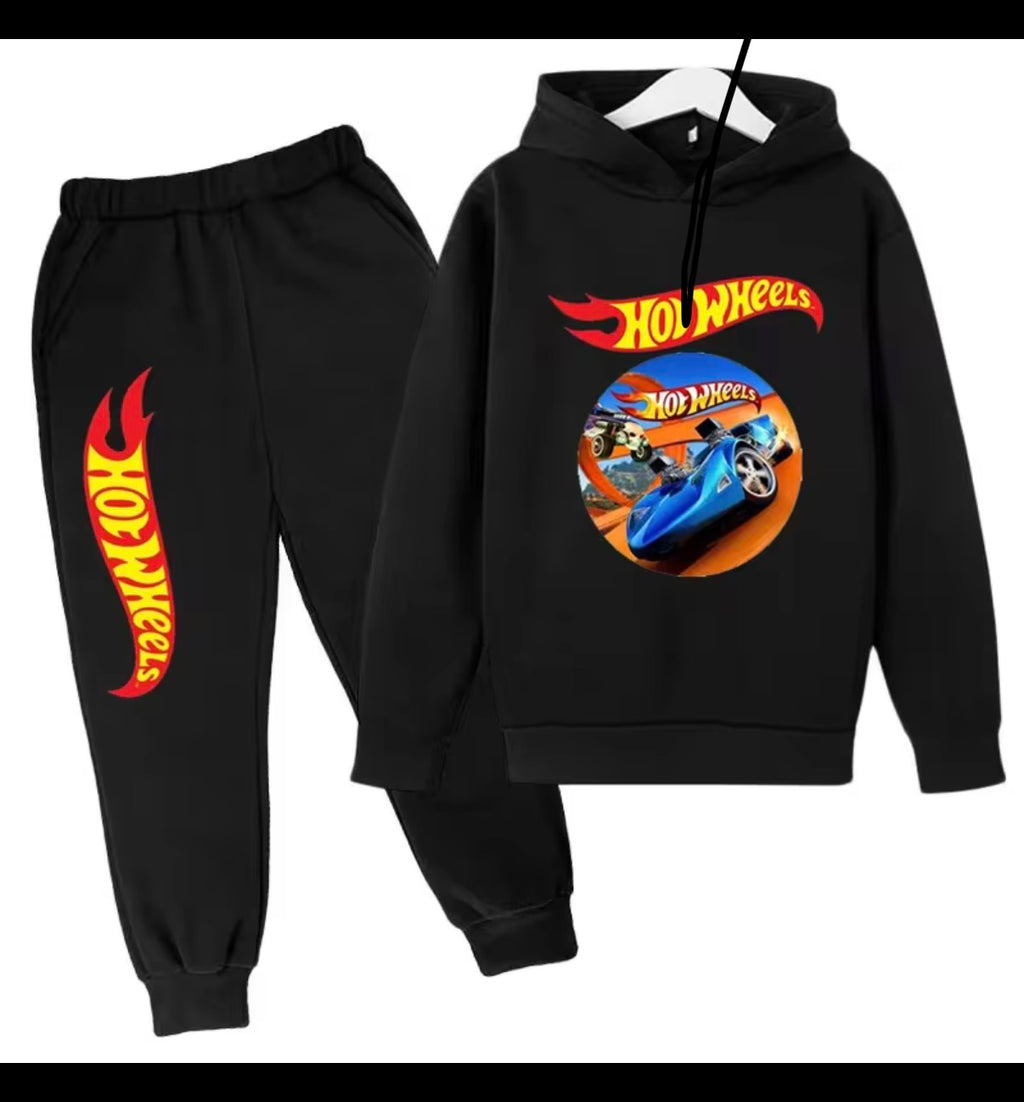 Kids’ Hot Wheels Printed Hoodie and Joggers Set – Black 2-Piece Tracksuit, Ages 3–12 Years