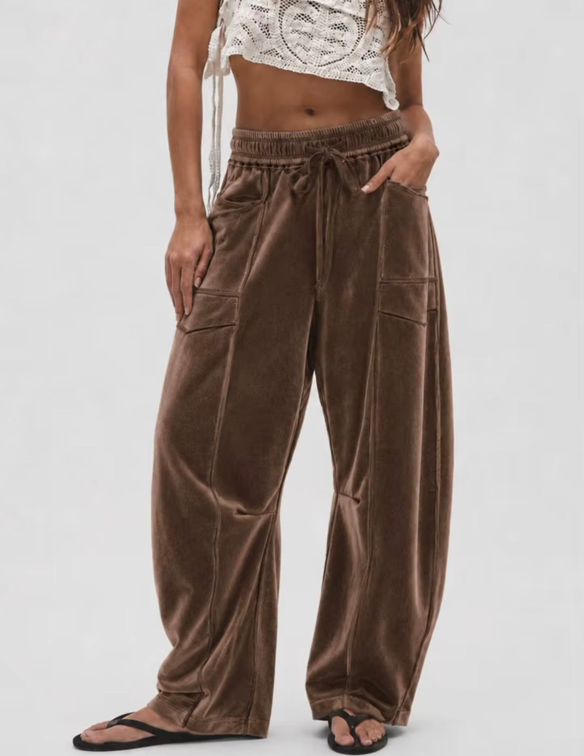 Women’s Velvet Wide-Leg Trousers – Drawstring Waist Casual Lounge Pants