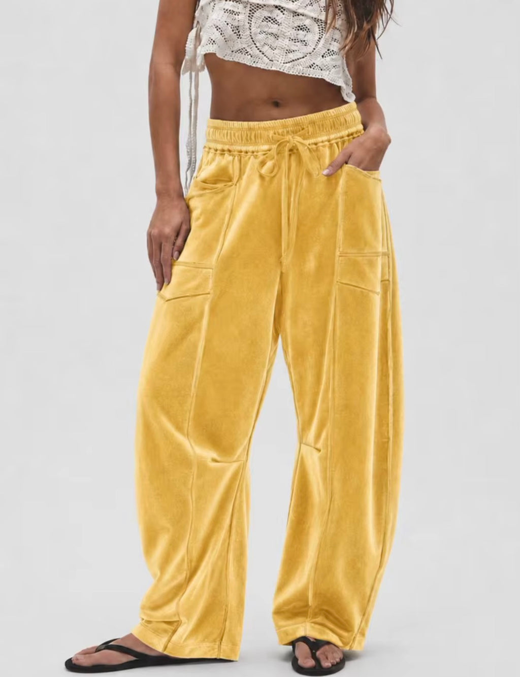 Women’s Velvet Wide-Leg Trousers – Drawstring Waist Casual Lounge Pants