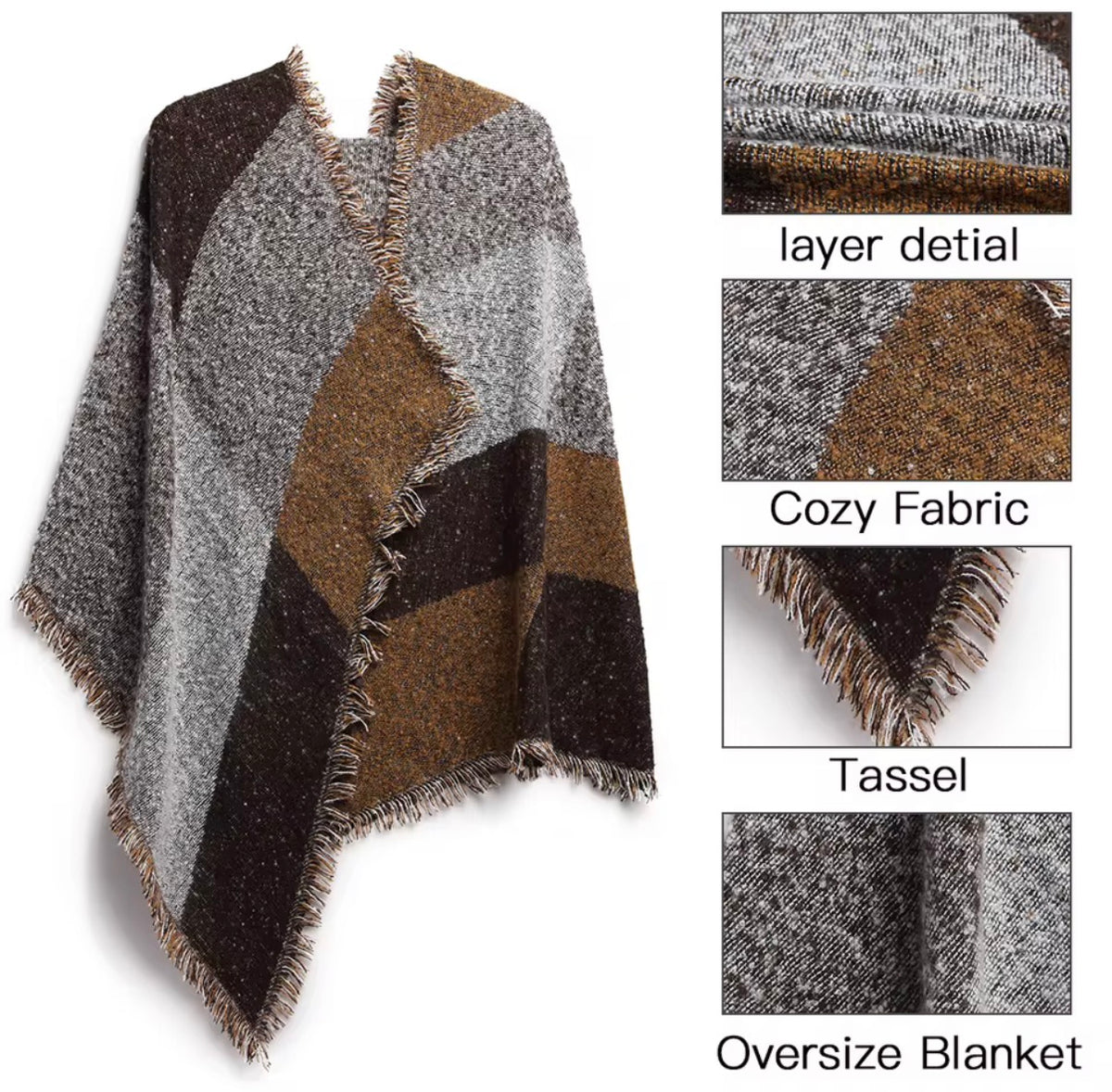 Women’s Oversized Winter Scarf – Patchwork Pashmina Wrap & Poncho