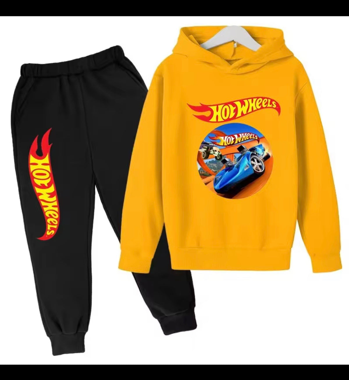 Kids’ Hot Wheels Printed Hoodie and Joggers Set – Black 2-Piece Tracksuit, Ages 3–12 Years