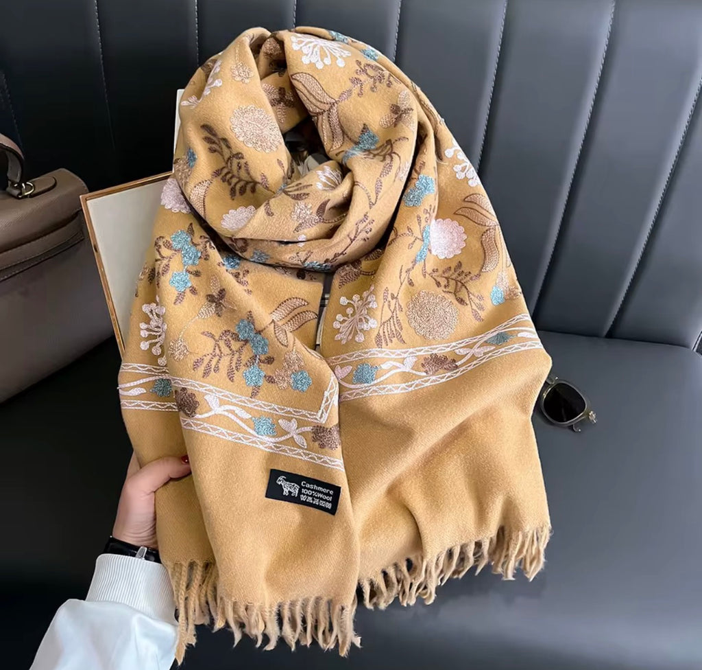 Women’s Winter Warm Embroidered Pashmina Scarf – Thick Soft Shawl Wrap with Tassels