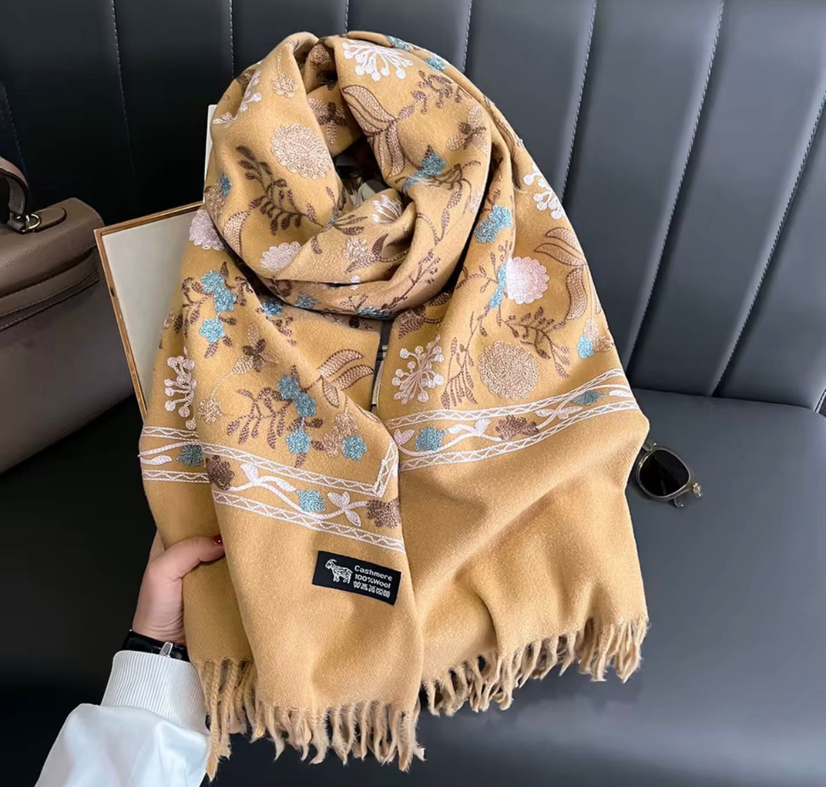 Women’s Winter Warm Embroidered Pashmina Scarf – Thick Soft Shawl Wrap with Tassels