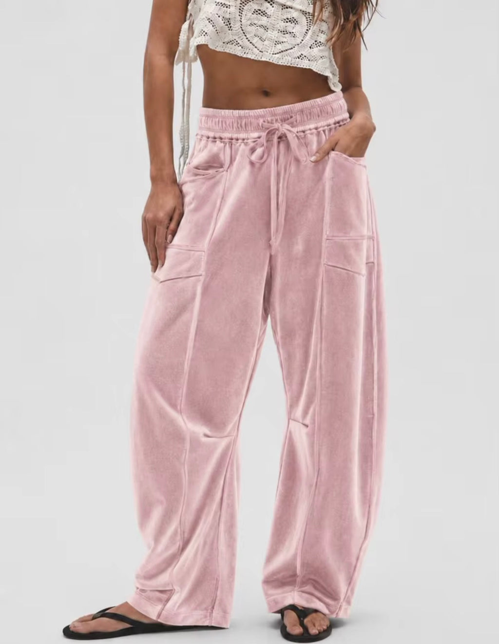 Women’s Velvet Wide-Leg Trousers – Drawstring Waist Casual Lounge Pants