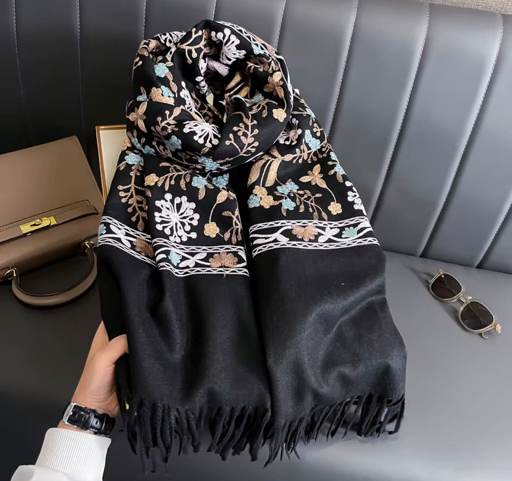 Women’s Winter Warm Embroidered Pashmina Scarf – Thick Soft Shawl Wrap with Tassels