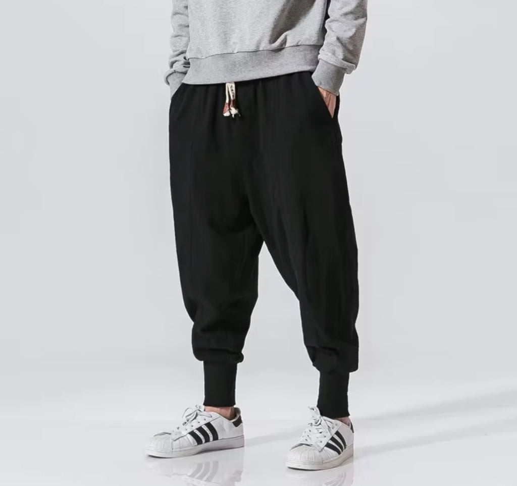 Men’s Cotton-Linen Harem Joggers – Oversized Baggy Drop-Crotch Trousers