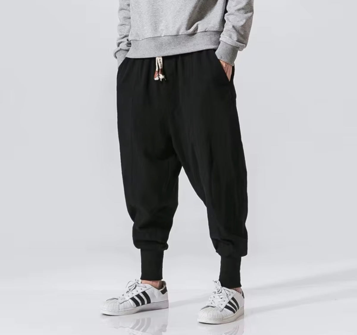 Men’s Cotton-Linen Harem Joggers – Oversized Baggy Drop-Crotch Trousers