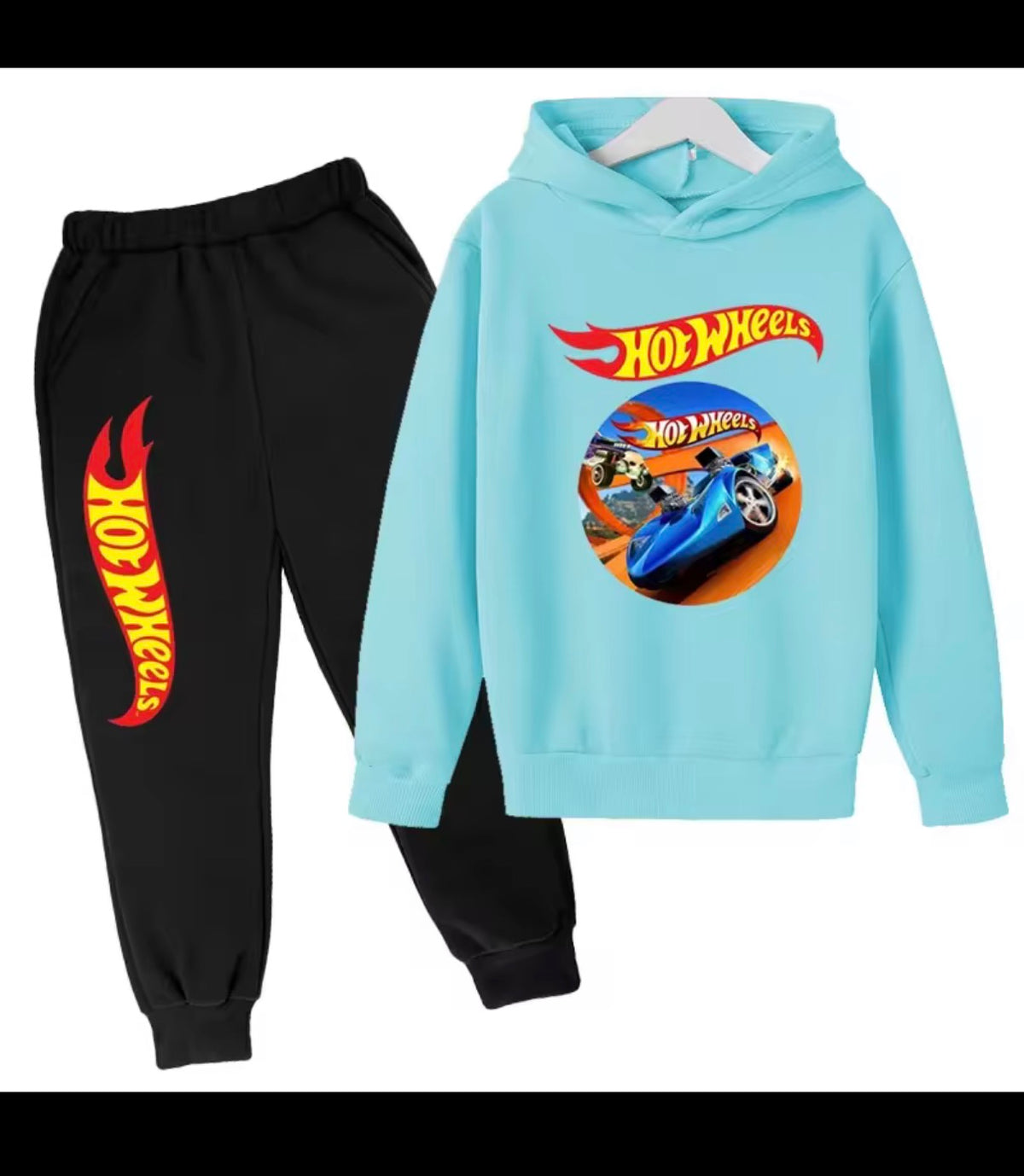 Kids’ Hot Wheels Printed Hoodie and Joggers Set – Black 2-Piece Tracksuit, Ages 3–12 Years