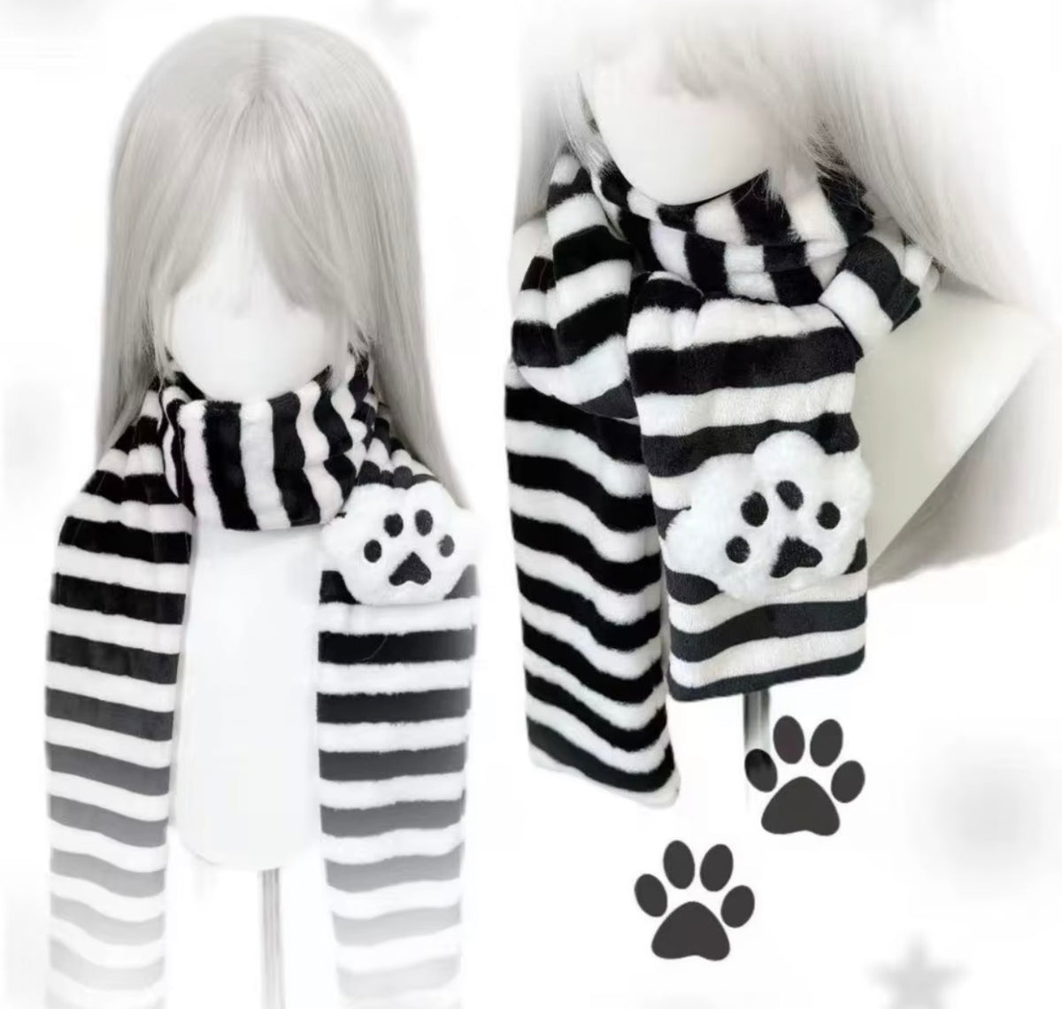 Kawaii Cat Paw Striped Knitted Scarf – Cute Y2K Soft Winter Neck Warmer