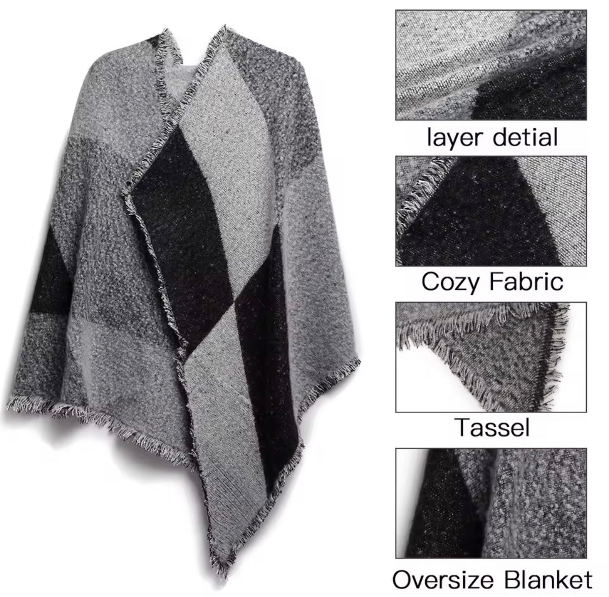 Women’s Oversized Winter Scarf – Patchwork Pashmina Wrap & Poncho