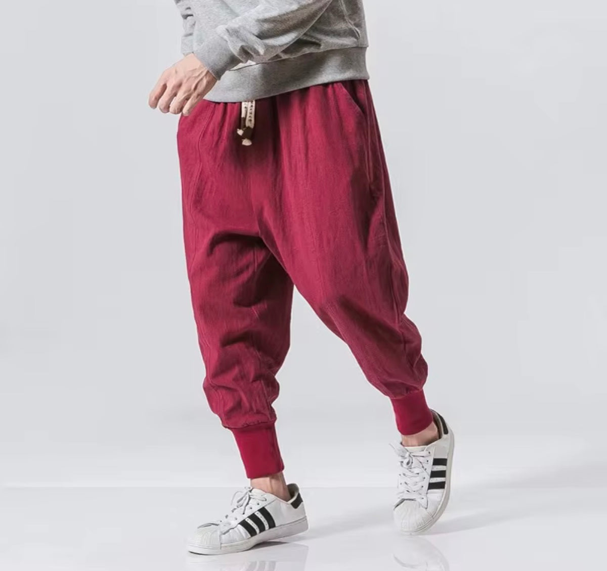 Men’s Cotton-Linen Harem Joggers – Oversized Baggy Drop-Crotch Trousers