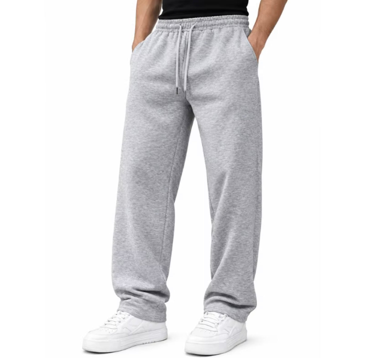 Men’s Grey Fleece Joggers – Casual Sweatpants with Drawstring Waist, Zip Pockets & Open Hem, Sizes S–5XL