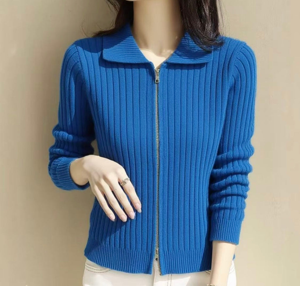 Autumn/Winter Ribbed Zip-Up Collared Knit Cardigan