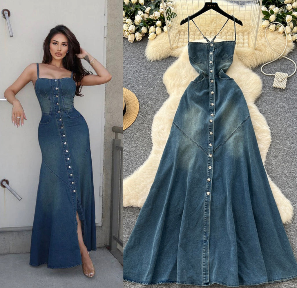 French Retro Denim Halter Maxi Dress – Square Neck, Spaghetti Straps & Button-Front Design