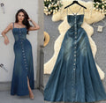 French Retro Denim Halter Maxi Dress – Square Neck, Spaghetti Straps & Button-Front Design