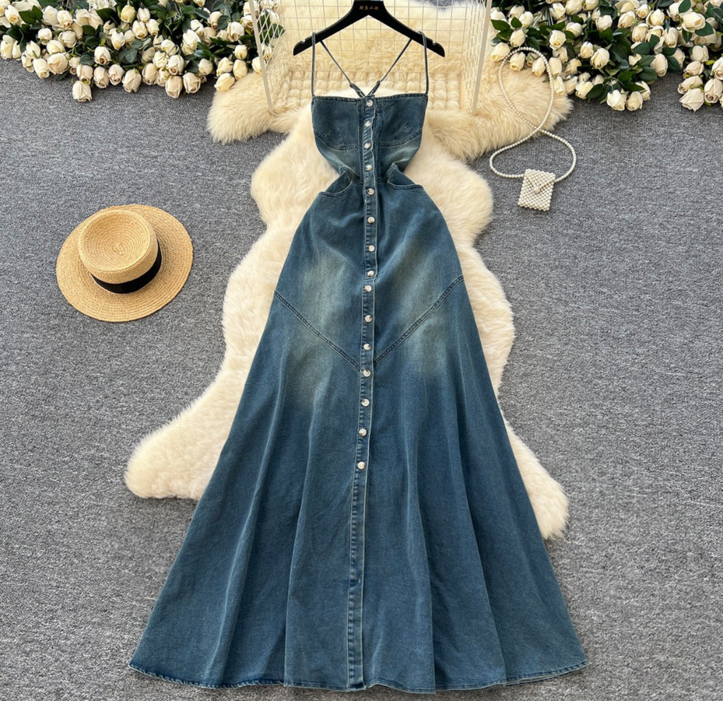 French Retro Denim Halter Maxi Dress – Square Neck, Spaghetti Straps & Button-Front Design