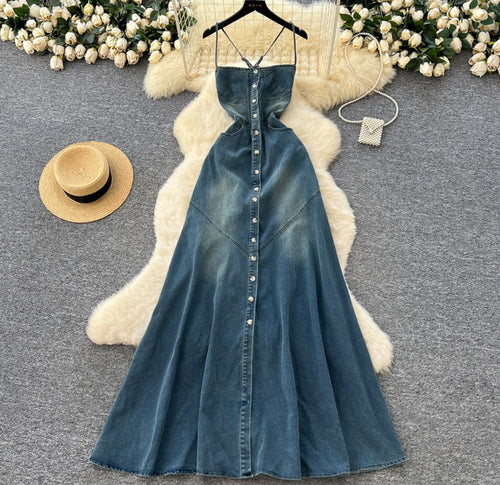 French Retro Denim Halter Maxi Dress – Square Neck, Spaghetti Straps & Button-Front Design